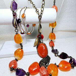2 Chico’s Chunky Beaded Long Statement Necklaces 3 Stone Bangle Bracelets